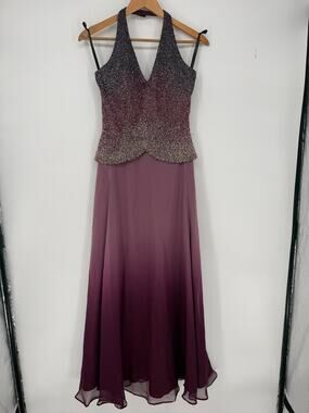Cassandra Stone Silk Ombre Formal Dress Gown Beaded Halter Magenta Wine Size 4
